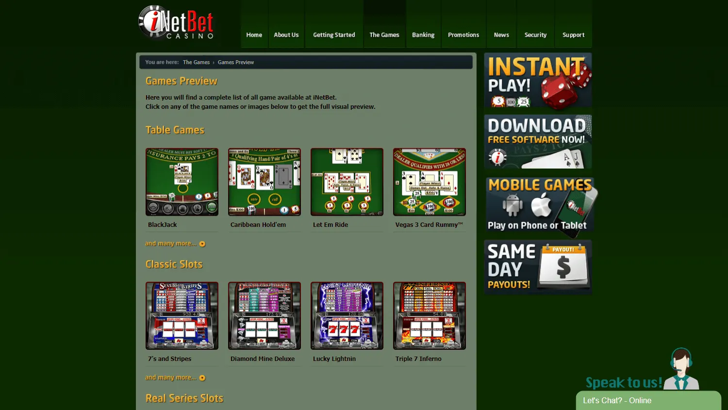 Inetbet Casino games screen on desktop