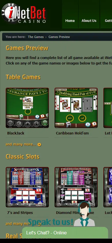 Inetbet Casino games screen on mobile