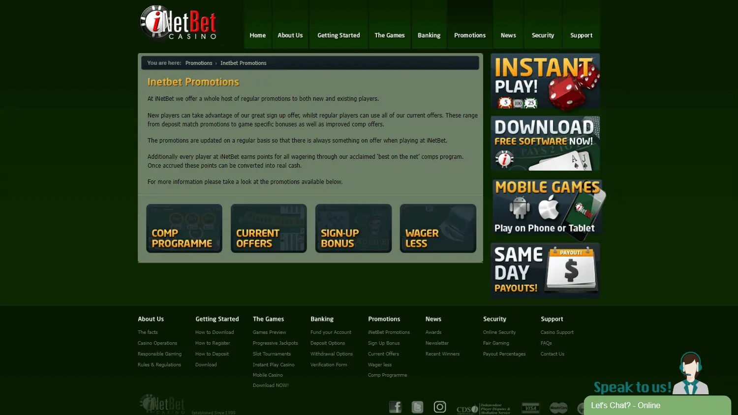 Inetbet Casino promotions screen on desktop